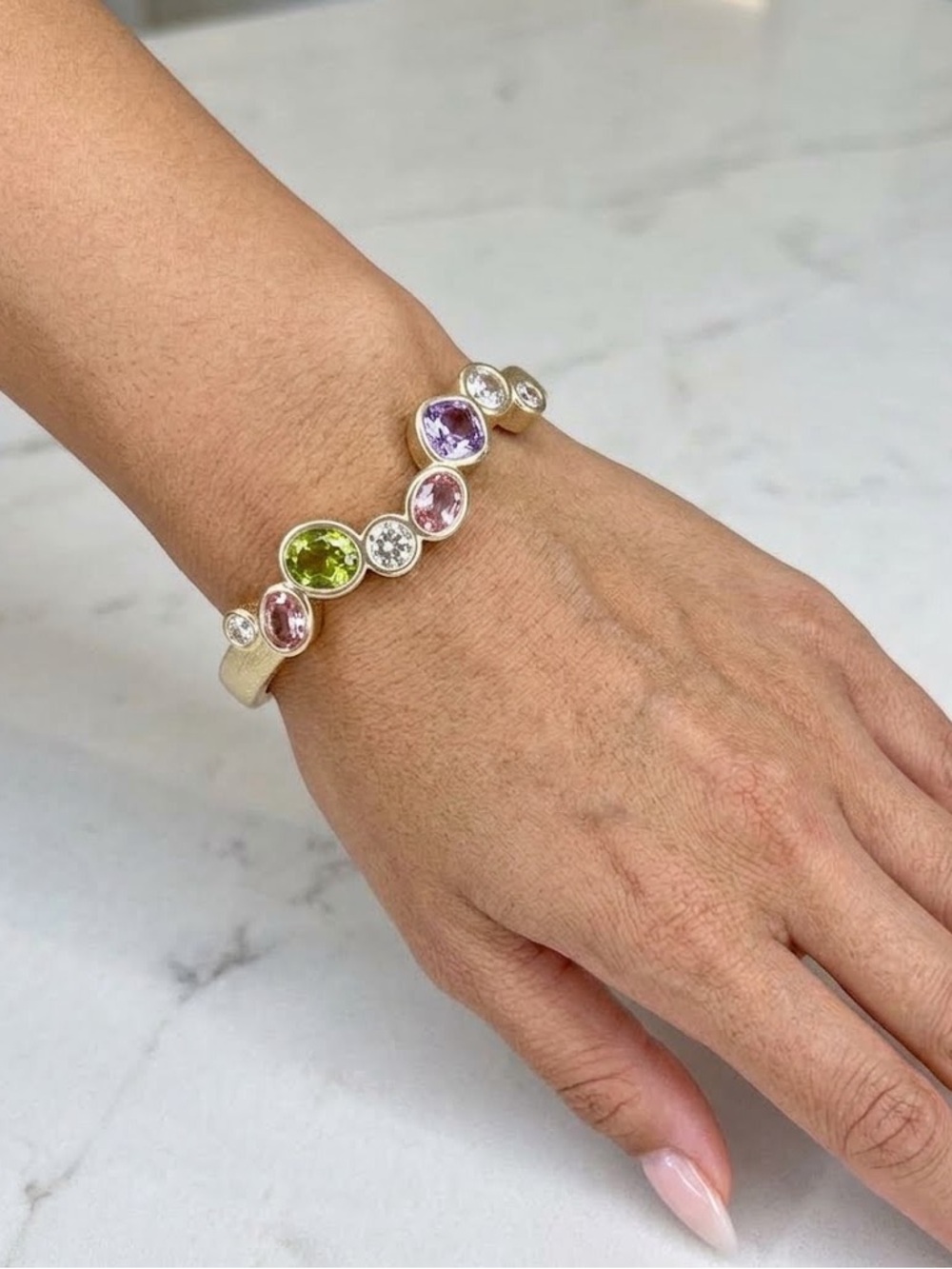 New Matte Gold Multi-Gemstone Bangle Bracelet - Pink, Purple, Green & Clear - Picture 2 of 3